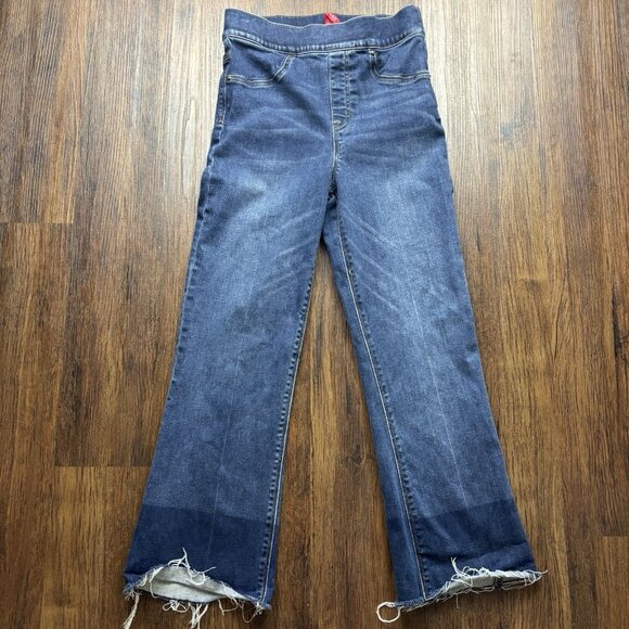 Spanx Pull On Straight Jeans Dark Wash Raw Hem Women’s Size Small - Picture 1 of 11